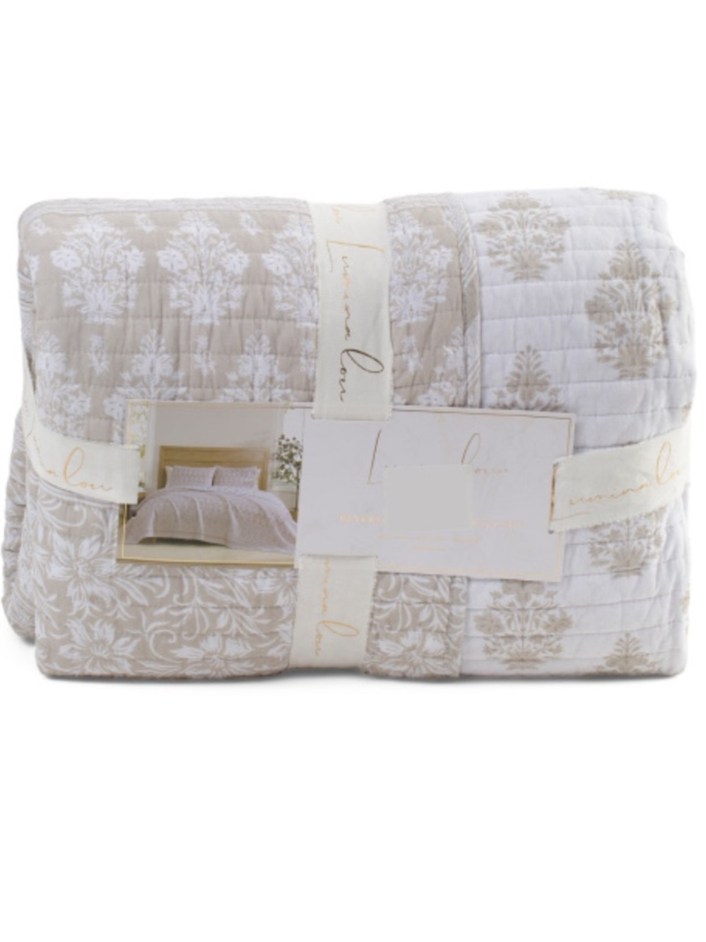 LUMINA LOU 3pc Cotton Reversible Floral Quilt Set in Beige and White